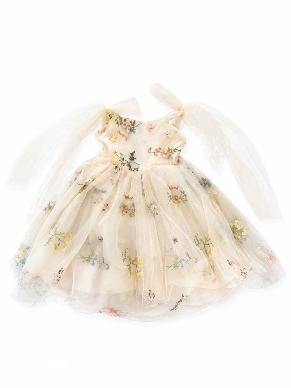 Cream Floral Embroidered Tulle Dress for Kids